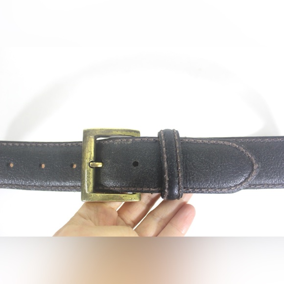 Vintage Dark Brown Leather Textured Belt with Chunky Gold Buckle Wide Thick Work - Picture 5 of 10